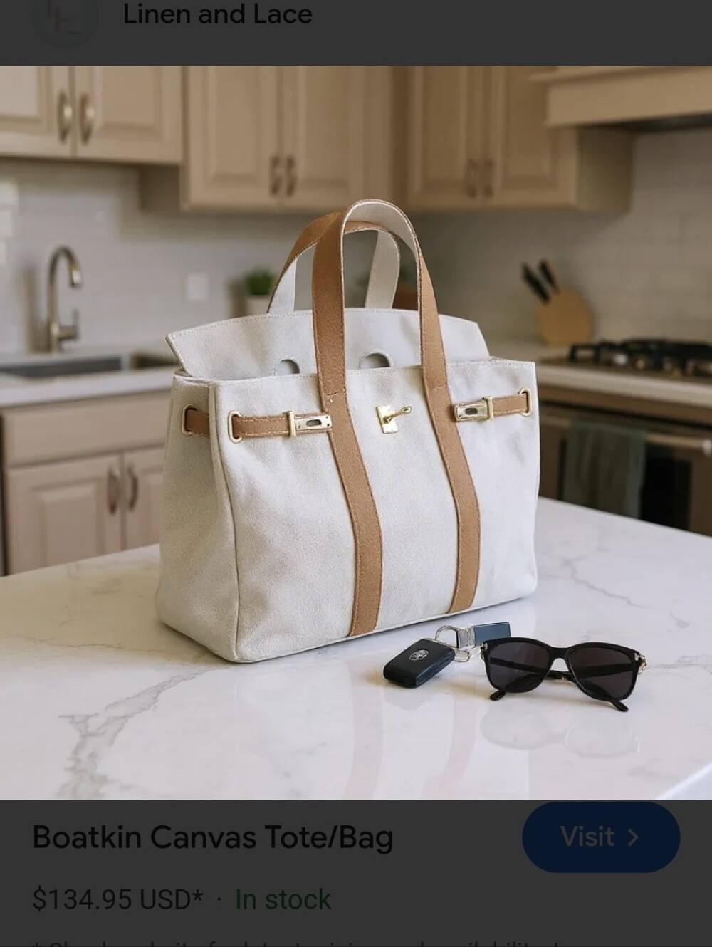 Canvas Boatkin Tote Bag in Cream with Tan Trim Gold Hardware NEW